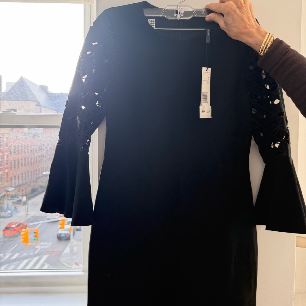 Elie Tahari Black Long-Sleeve Dress with Lace Cutout Bell Sleeves